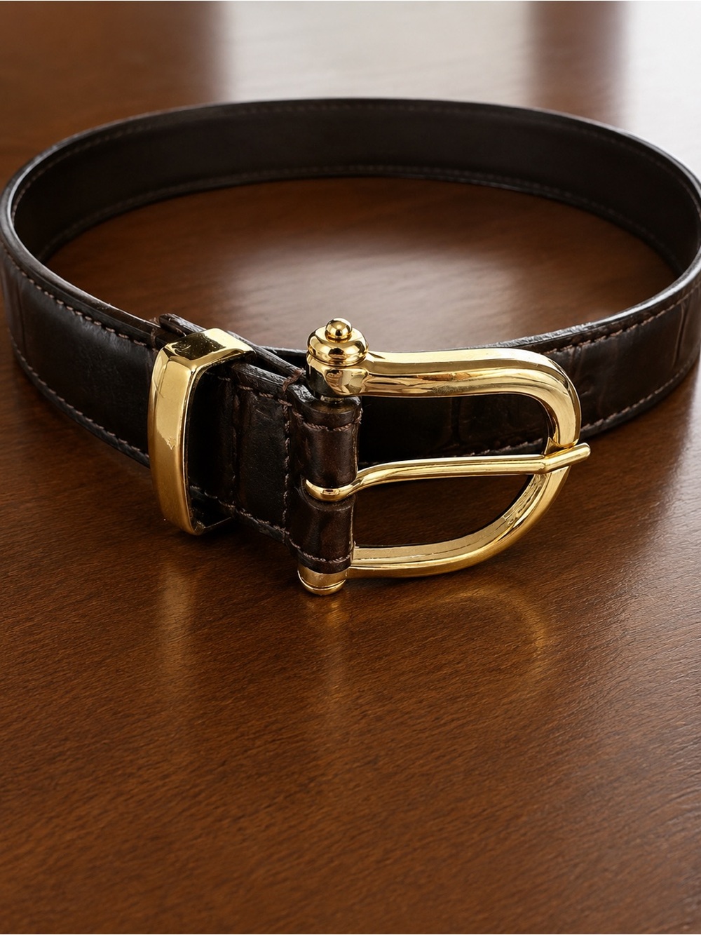 Women’s Dark Brown Leather Belt with Gold Buckle